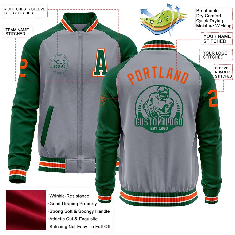 Custom Gray Orange Kelly Green Varsity Baseball Jacket, Custom Team Jacket