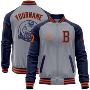 Custom Gray Orange Navy Varsity Baseball Jacket,…