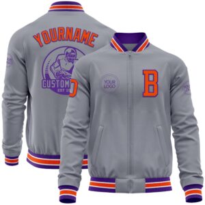 Custom Gray Orange Purple Bomber Varsity Baseball…
