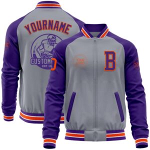 Custom Gray Orange Purple Varsity Baseball Jacket,…