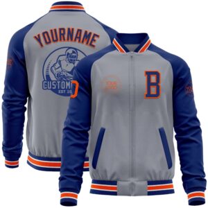 Custom Gray Orange Royal Bomber Varsity Baseball…