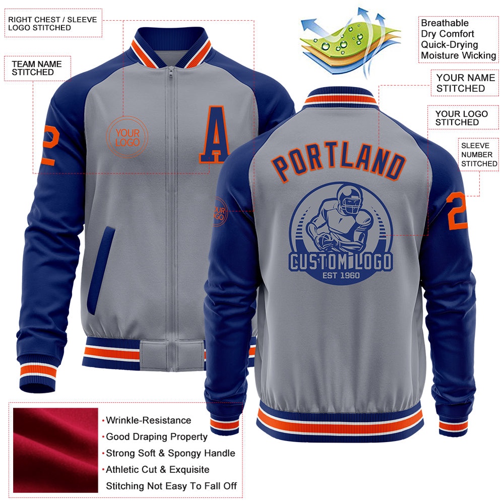 Custom Gray Orange Royal Bomber Varsity Baseball Jacket, Custom Team Jacket