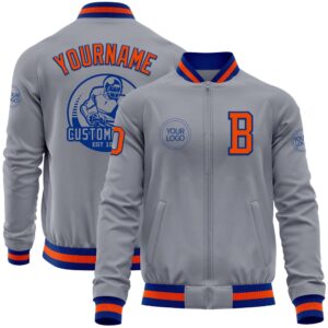 Custom Gray Orange Royal Bomber Varsity Letterman…