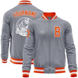 Custom Gray Orange White Bomber Varsity Baseball…