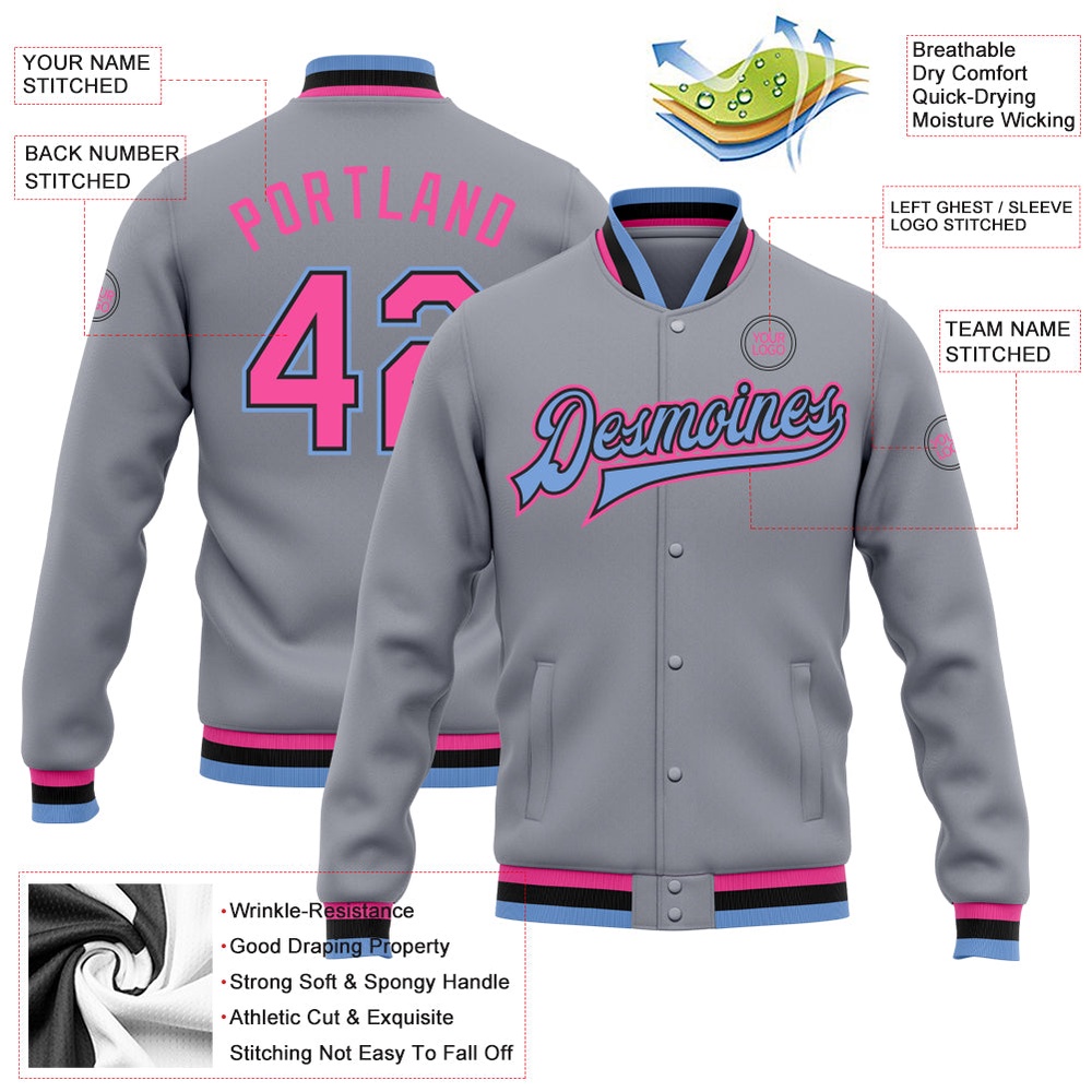 Custom Gray Pink Black Light Blue Bomber Full Snap Baseball Jacket, Custom Team Jacket Custom Gray Pink Black Light Blue Bomber Full Snap Baseball Jacket, Custom Team Jacket
