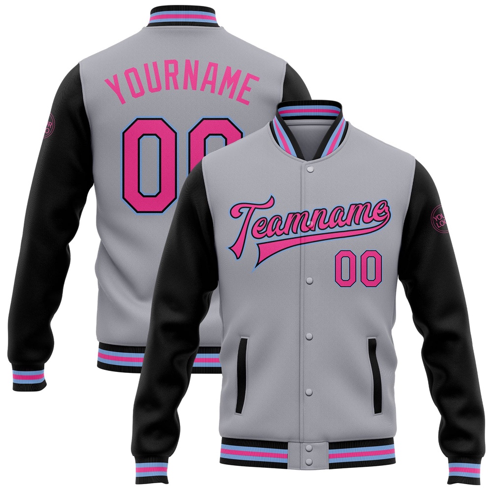 Custom Gray Pink Black Light Blue Bomber Full Snap Varsity Baseball Jacket, Custom Team Jacket Custom Gray Pink Black Light Blue Bomber Full Snap Varsity Baseball Jacket, Custom Team Jacket