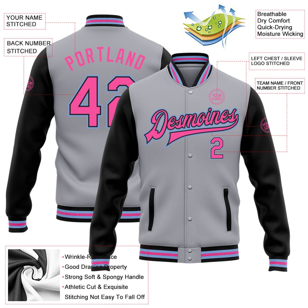 Custom Gray Pink Black Light Blue Bomber Full Snap Varsity Baseball Jacket, Custom Team Jacket Custom Gray Pink Black Light Blue Bomber Full Snap Varsity Baseball Jacket, Custom Team Jacket