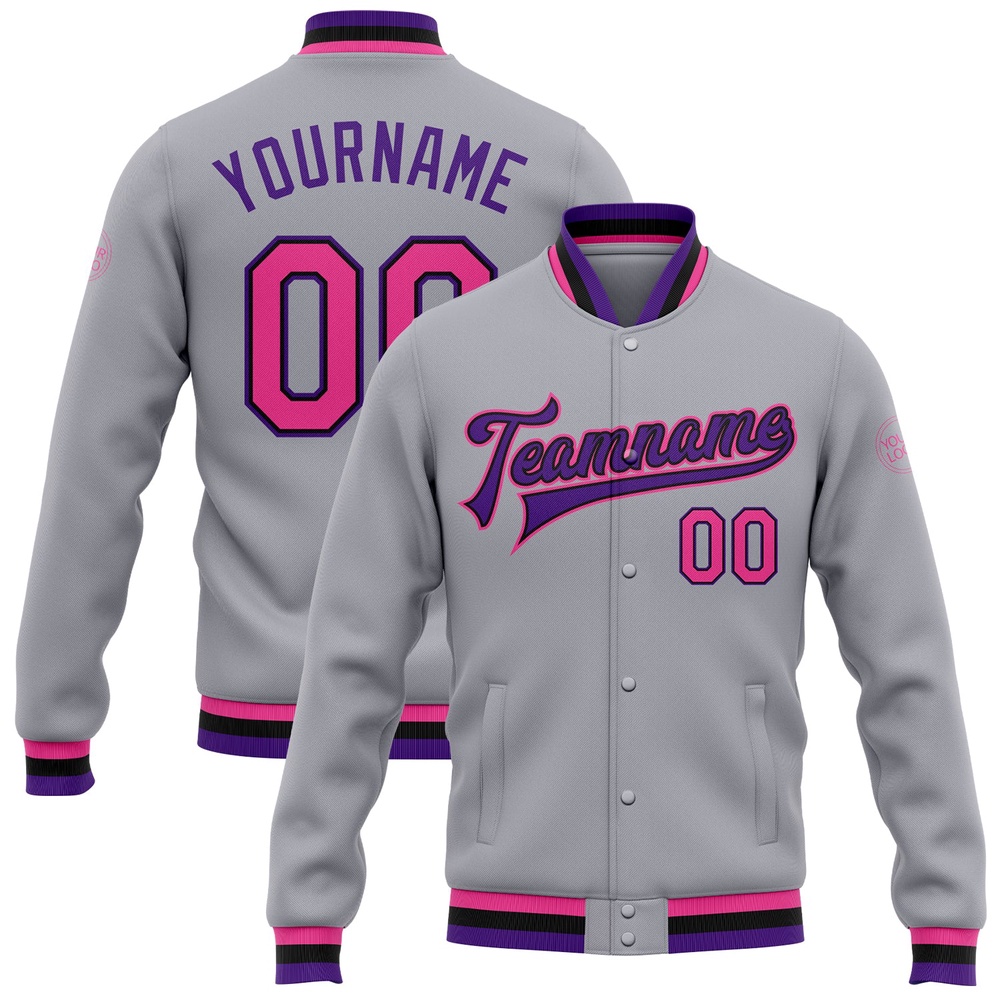 Custom Gray Pink Black Purple Bomber Full Snap Baseball Jacket, Custom Team Jacket Custom Gray Pink Black Purple Bomber Full Snap Baseball Jacket, Custom Team Jacket