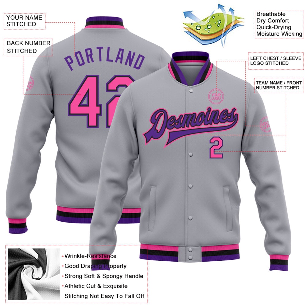 Custom Gray Pink Black Purple Bomber Full Snap Baseball Jacket, Custom Team Jacket Custom Gray Pink Black Purple Bomber Full Snap Baseball Jacket, Custom Team Jacket