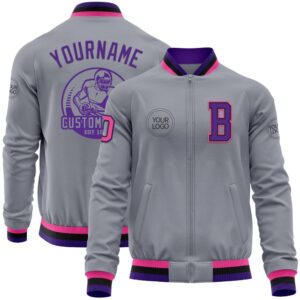 Custom Gray Pink Black Purple Bomber Varsity…