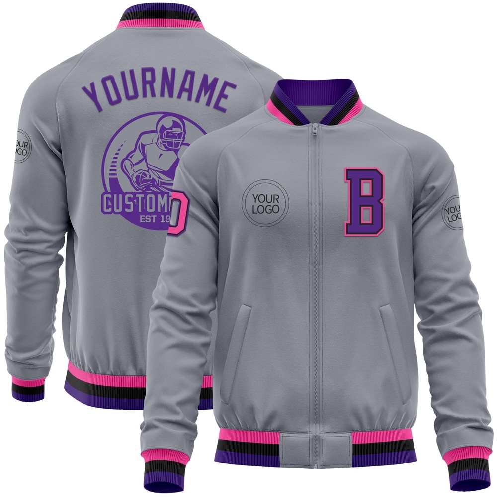 Custom Gray Pink Black Purple Bomber Varsity Baseball Jacket, Custom Team Jacket Custom Gray Pink Black Purple Bomber Varsity Baseball Jacket, Custom Team Jacket