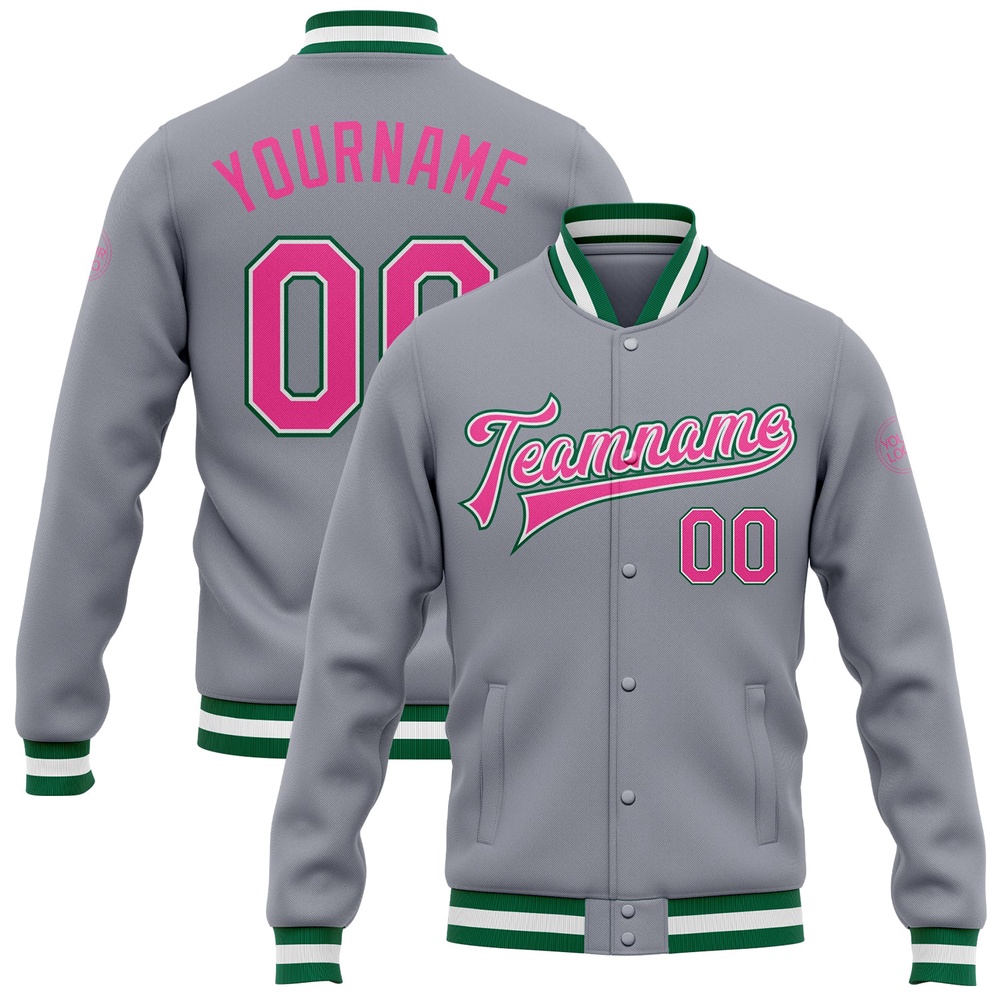 Custom Gray Pink Kelly Green Bomber Full Snap Baseball Jacket, Custom Team Jacket Custom Gray Pink Kelly Green Bomber Full Snap Baseball Jacket, Custom Team Jacket