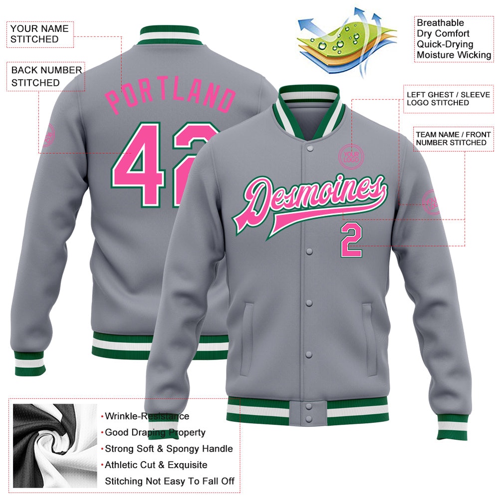 Custom Gray Pink Kelly Green Bomber Full Snap Baseball Jacket, Custom Team Jacket Custom Gray Pink Kelly Green Bomber Full Snap Baseball Jacket, Custom Team Jacket