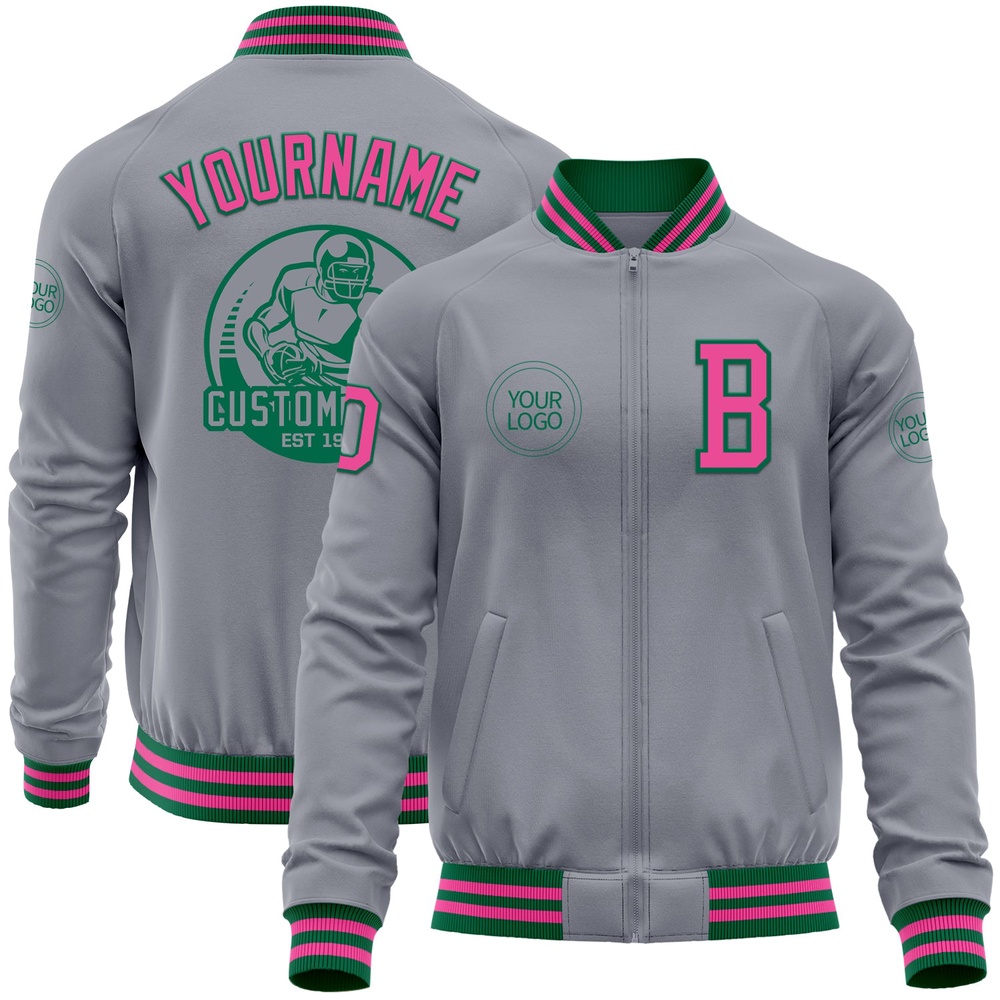 Custom Gray Pink Kelly Green Bomber Varsity Baseball Jacket, Custom Team Jacket