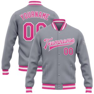 Custom Gray Pink White Bomber Full Snap…