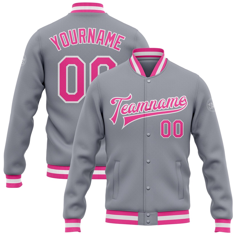 Custom Gray Pink White Bomber Full Snap Baseball Jacket, Custom Team Jacket Custom Gray Pink White Bomber Full Snap Baseball Jacket, Custom Team Jacket