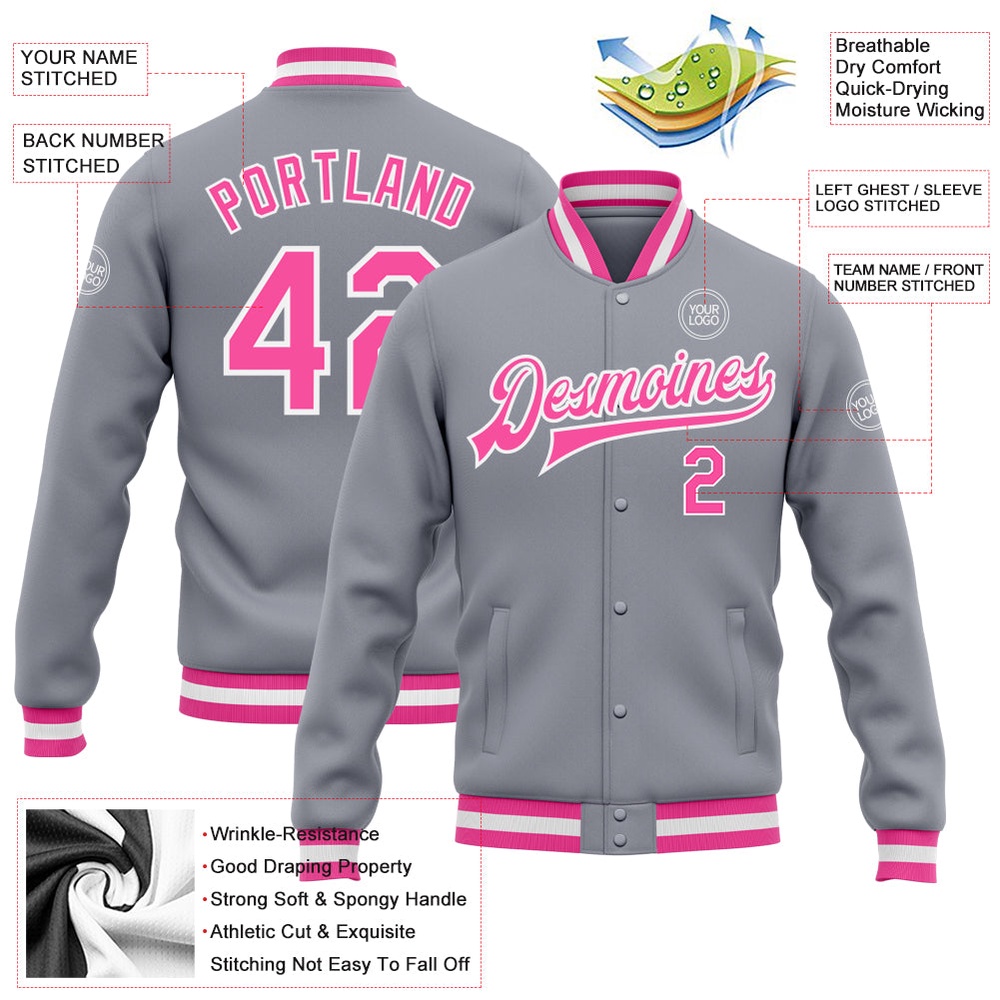 Custom Gray Pink White Bomber Full Snap Baseball Jacket, Custom Team Jacket Custom Gray Pink White Bomber Full Snap Baseball Jacket, Custom Team Jacket