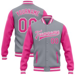 Custom Gray Pink White Bomber Full Snap…
