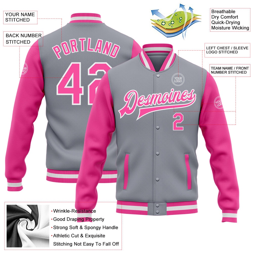 Custom Gray Pink White Bomber Full Snap Varsity Baseball Jacket, Custom Team Jacket Custom Gray Pink White Bomber Full Snap Varsity Baseball Jacket, Custom Team Jacket