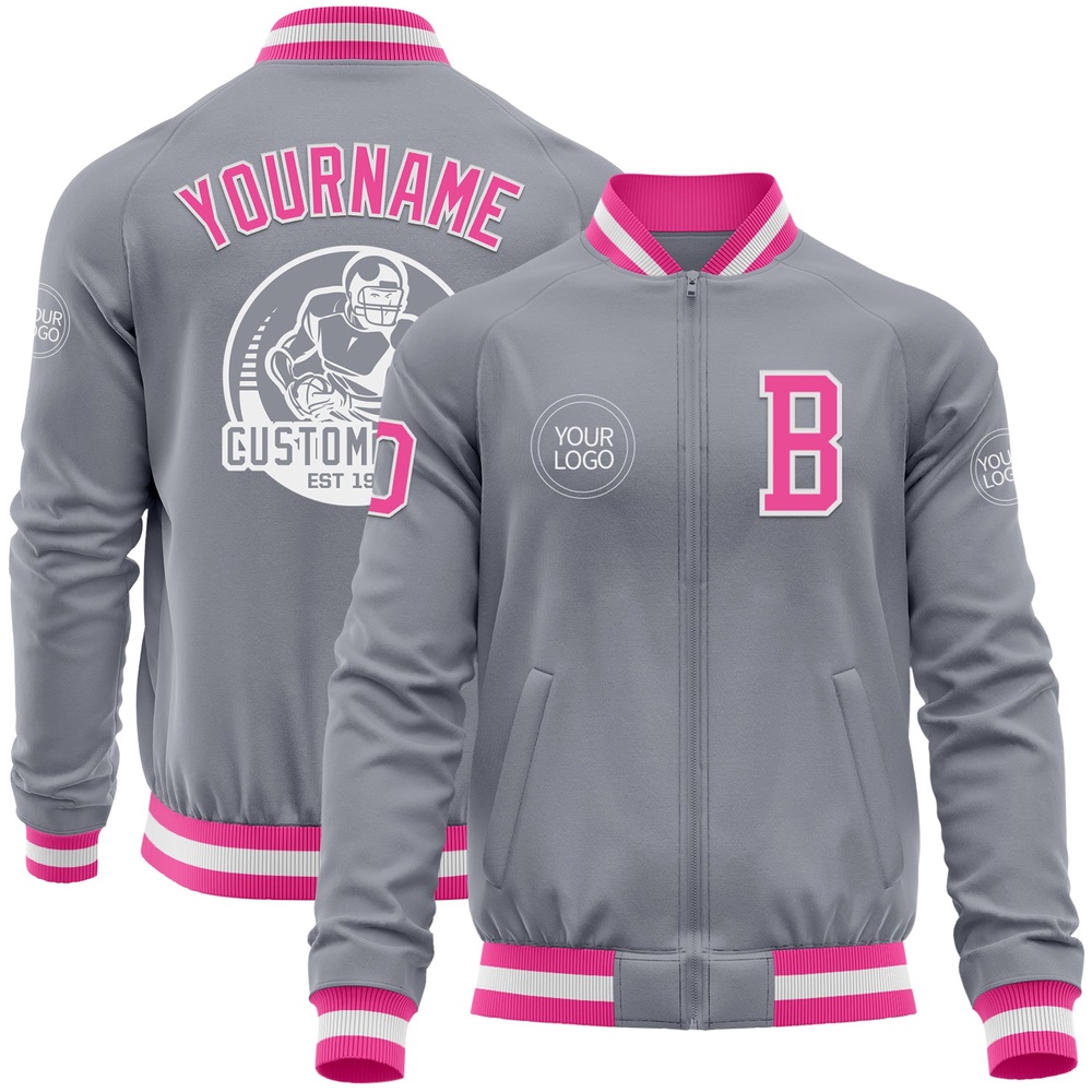 Custom Gray Pink White Bomber Varsity Baseball Jacket, Custom Team Jacket Custom Gray Pink White Bomber Varsity Baseball Jacket, Custom Team Jacket