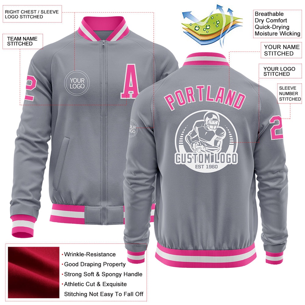 Custom Gray Pink White Bomber Varsity Baseball Jacket, Custom Team Jacket Custom Gray Pink White Bomber Varsity Baseball Jacket, Custom Team Jacket