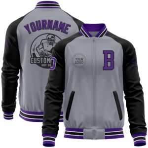 Custom Gray Purple Black Bomber Varsity Baseball…