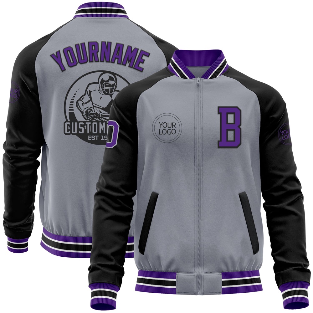 Custom Gray Purple Black Bomber Varsity Baseball Jacket, Custom Team Jacket Custom Gray Purple Black Bomber Varsity Baseball Jacket, Custom Team Jacket