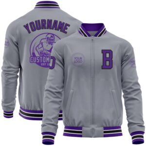 Custom Gray Purple Black Bomber Varsity Letterman…
