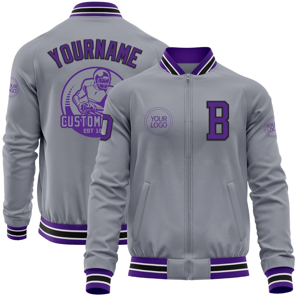 Custom Gray Purple Black Bomber Varsity Letterman Zipper Jacket, Custom Team Jacket
