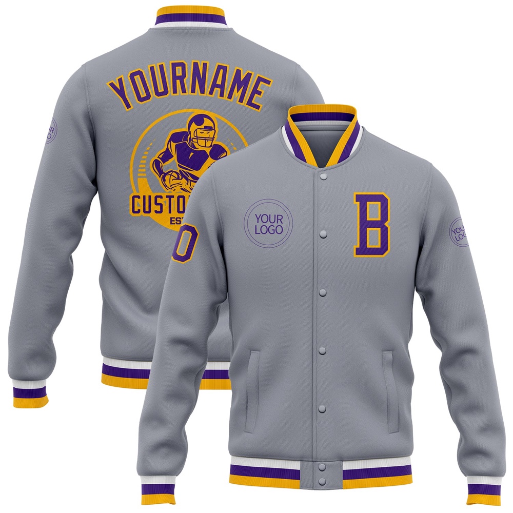Custom Gray Purple Gold Bomber Full Snap Baseball Jacket, Custom Team Jacket