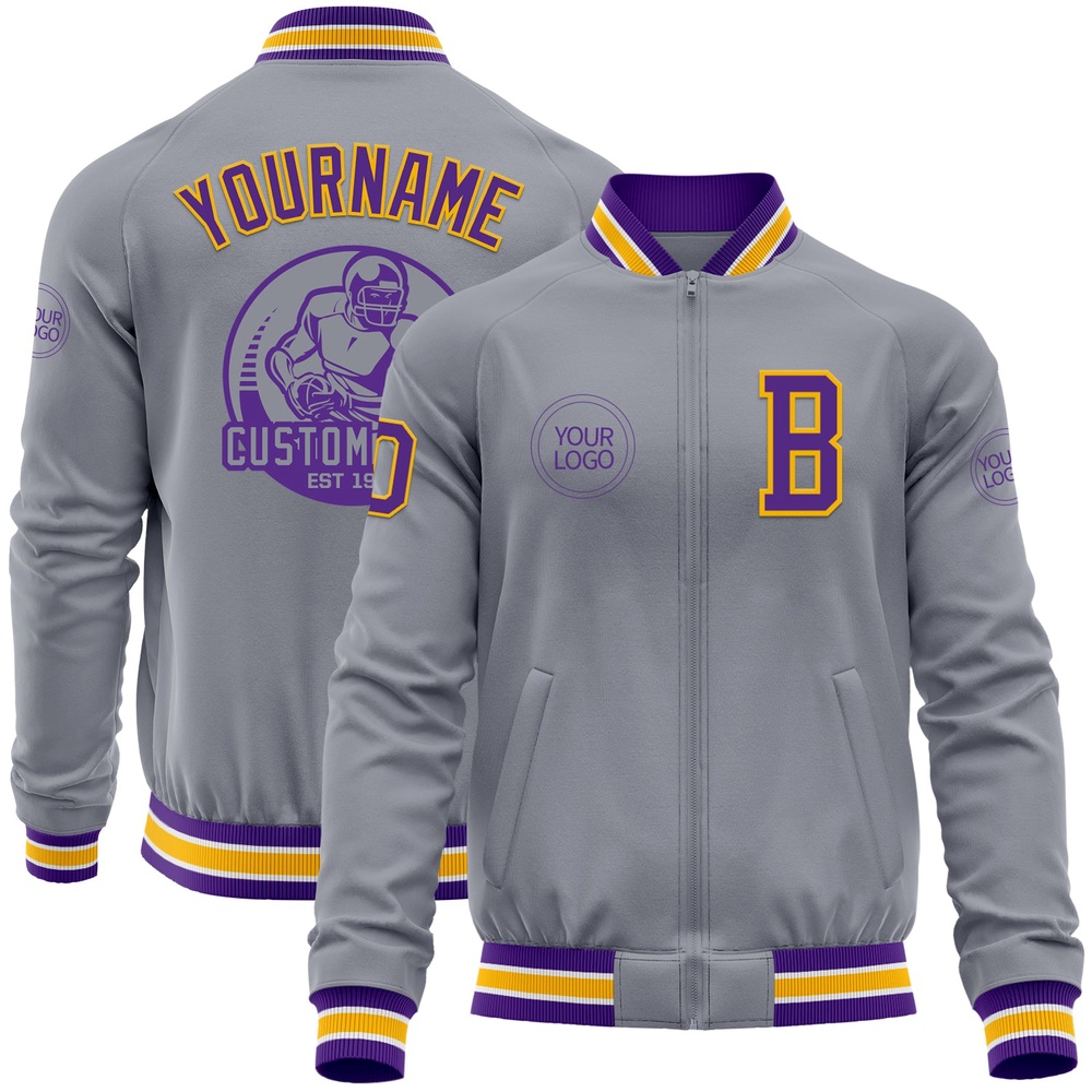 Custom Gray Purple Gold Bomber Varsity Baseball Jacket, Custom Team Jacket