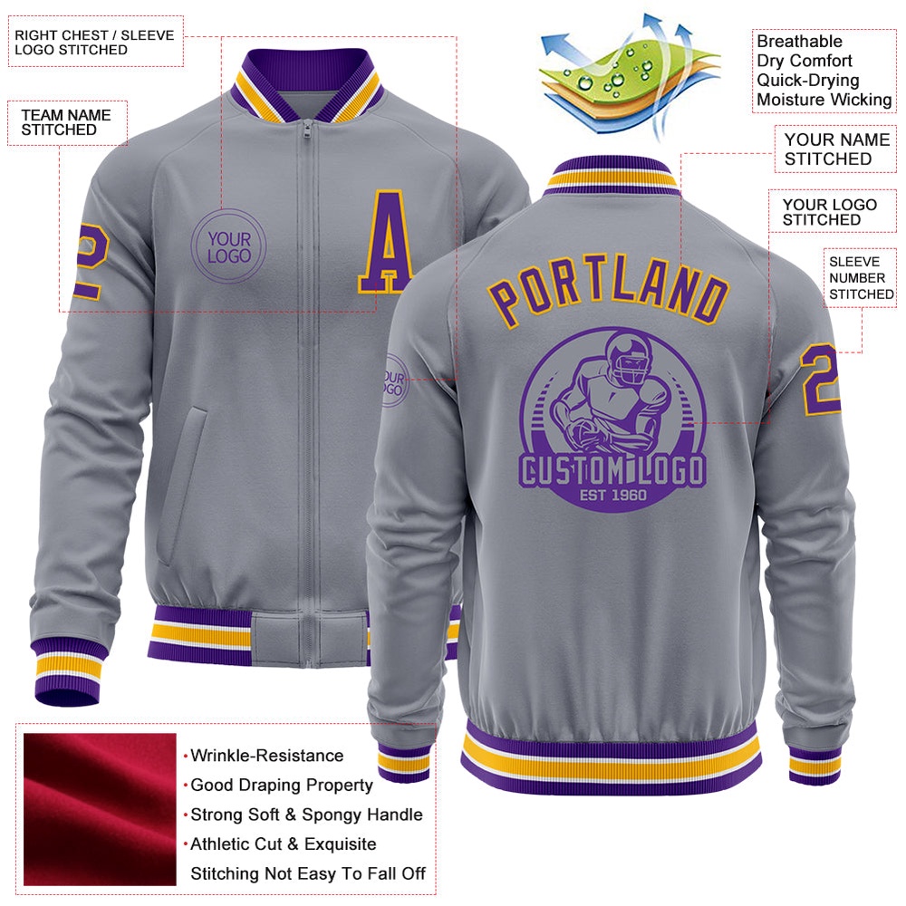 Custom Gray Purple Gold Bomber Varsity Baseball Jacket, Custom Team Jacket