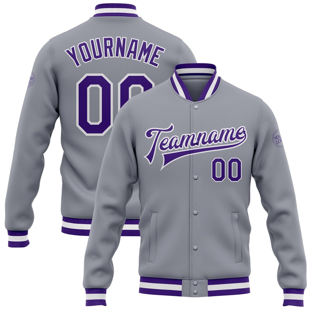 Custom Gray Purple White Bomber Full Snap Baseball Jacket, Custom Team Jacket Custom Gray Purple White Bomber Full Snap Baseball Jacket, Custom Team Jacket