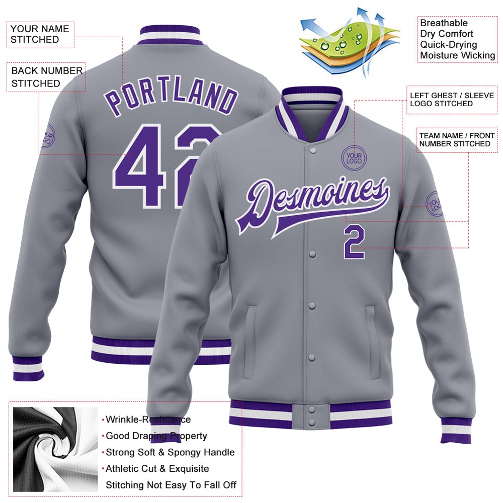 Custom Gray Purple White Bomber Full Snap Baseball Jacket, Custom Team Jacket Custom Gray Purple White Bomber Full Snap Baseball Jacket, Custom Team Jacket