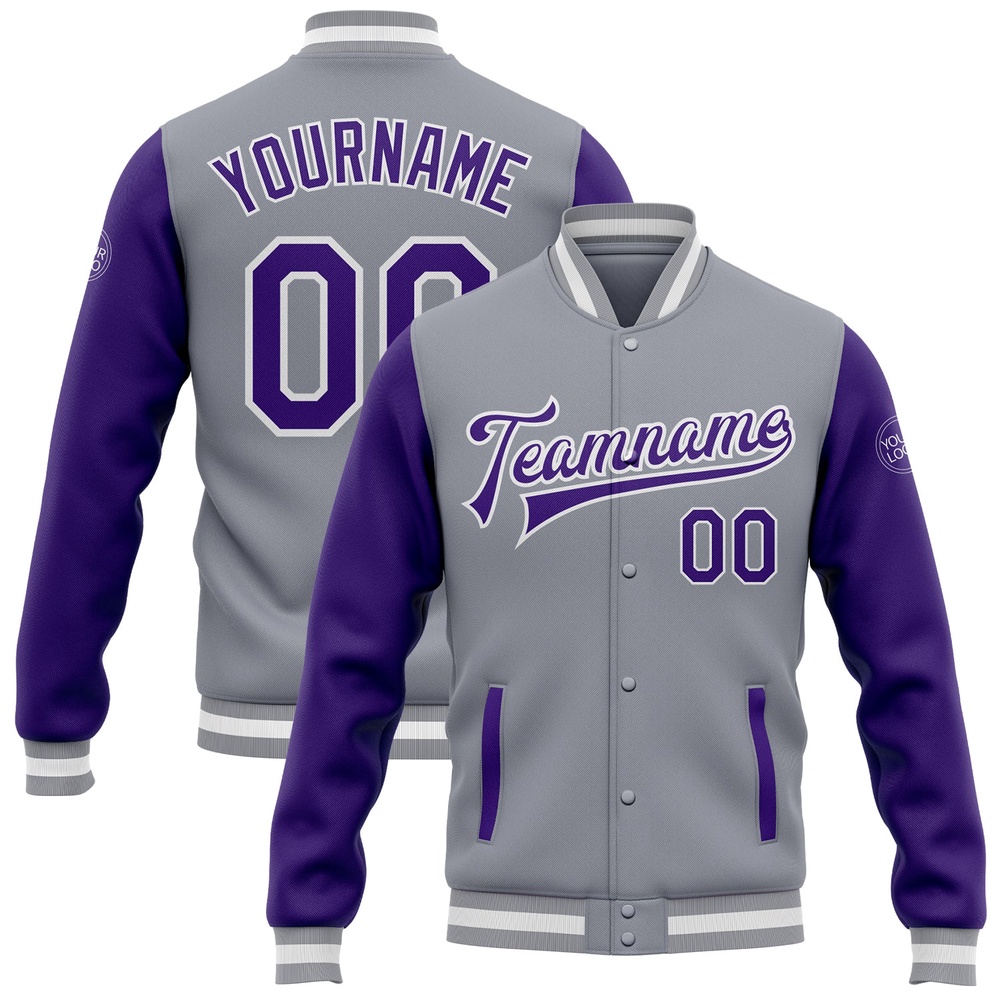 Custom Gray Purple White Bomber Full Snap Varsity Baseball Jacket, Custom Team Jacket Custom Gray Purple White Bomber Full Snap Varsity Baseball Jacket, Custom Team Jacket