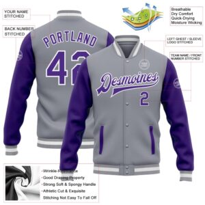 Custom Gray Purple White Bomber Full Snap Varsity Baseball Jacket Custom Team Jacket 2 u7khab.jpg