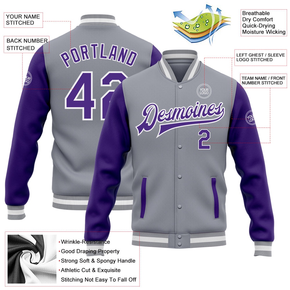 Custom Gray Purple White Bomber Full Snap Varsity Baseball Jacket, Custom Team Jacket Custom Gray Purple White Bomber Full Snap Varsity Baseball Jacket, Custom Team Jacket