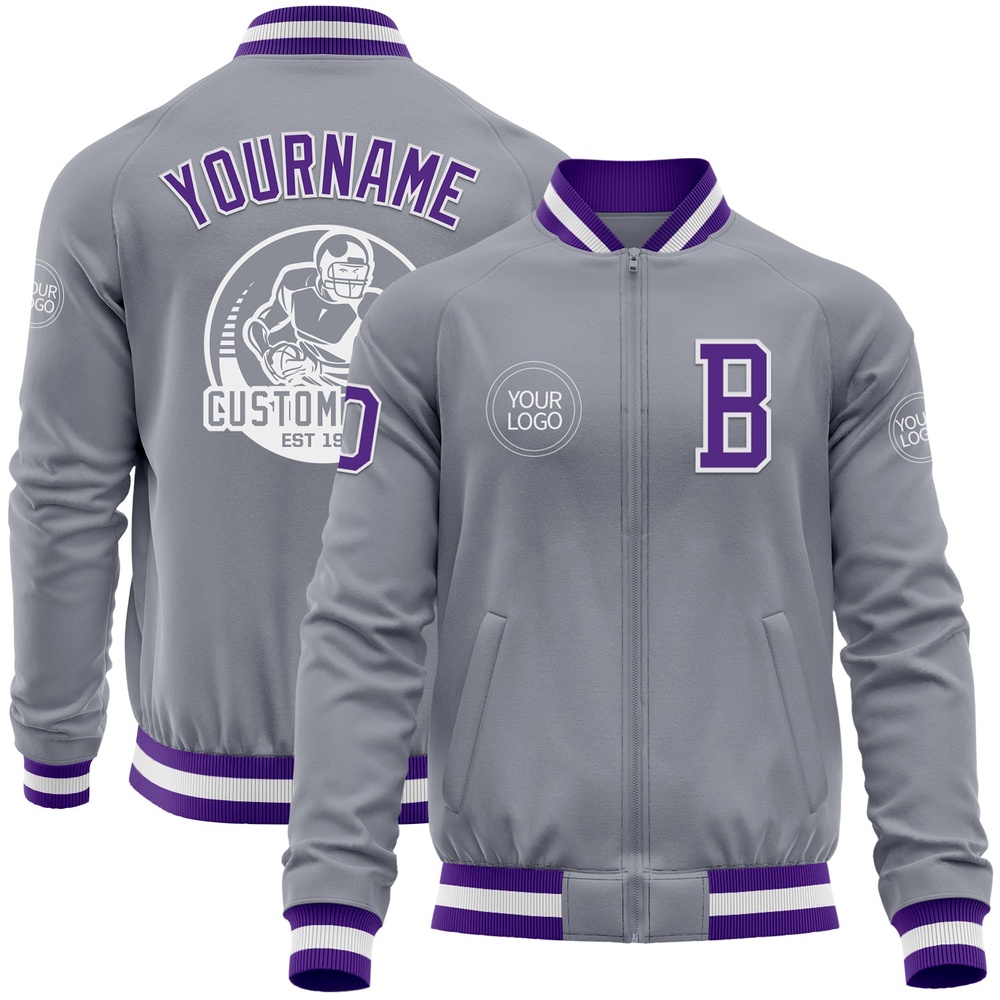 Custom Gray Purple White Bomber Varsity Baseball Jacket, Custom Team Jacket Custom Gray Purple White Bomber Varsity Baseball Jacket, Custom Team Jacket