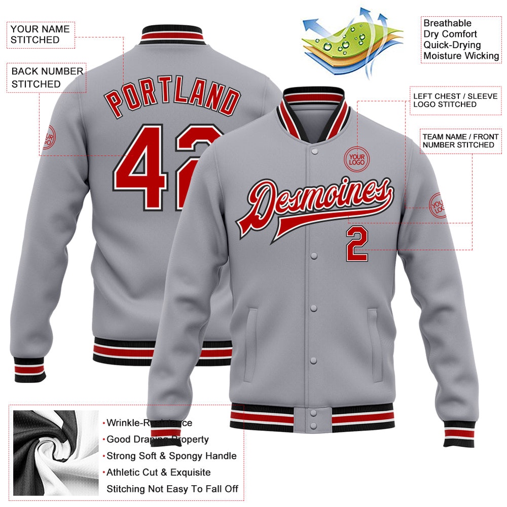Custom Gray Red Black Bomber Full Snap Baseball Jacket, Custom Team Jacket