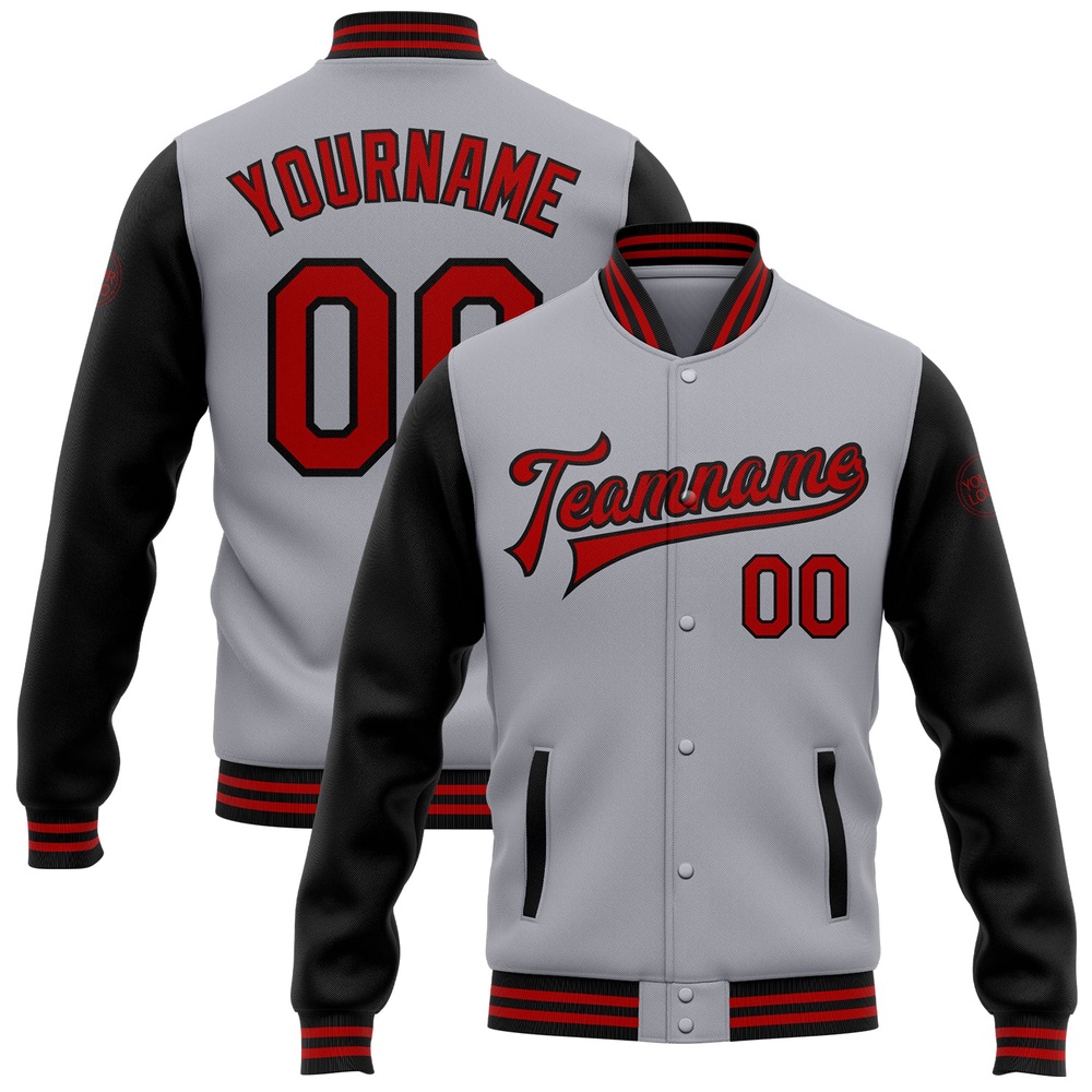 Custom Gray Red Black Bomber Full Snap Varsity Baseball Jacket, Custom Team Jacket