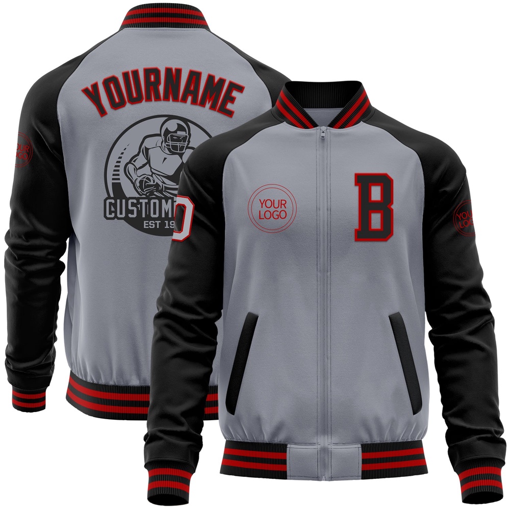 Custom Gray Red Black Bomber Varsity Baseball Jacket, Custom Team Jacket