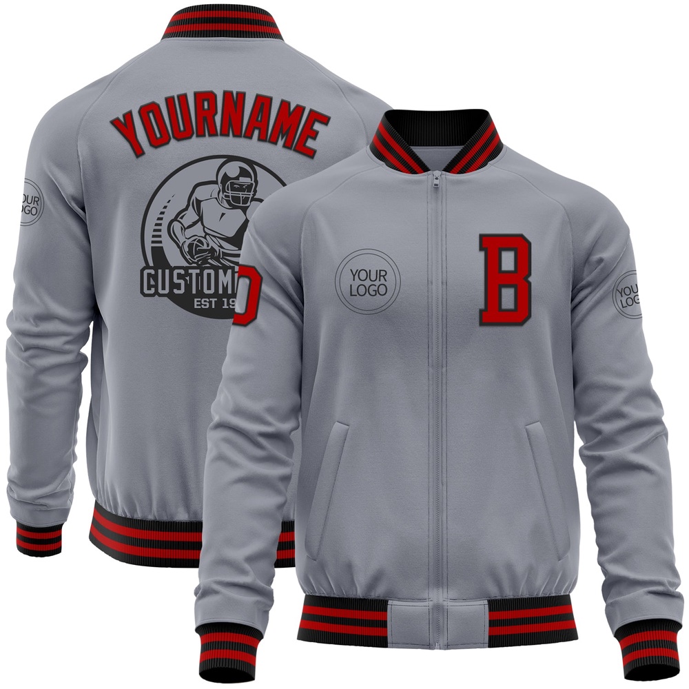 Custom Gray Red Black Bomber Varsity Letterman Zipper Jacket, Custom Team Jacket