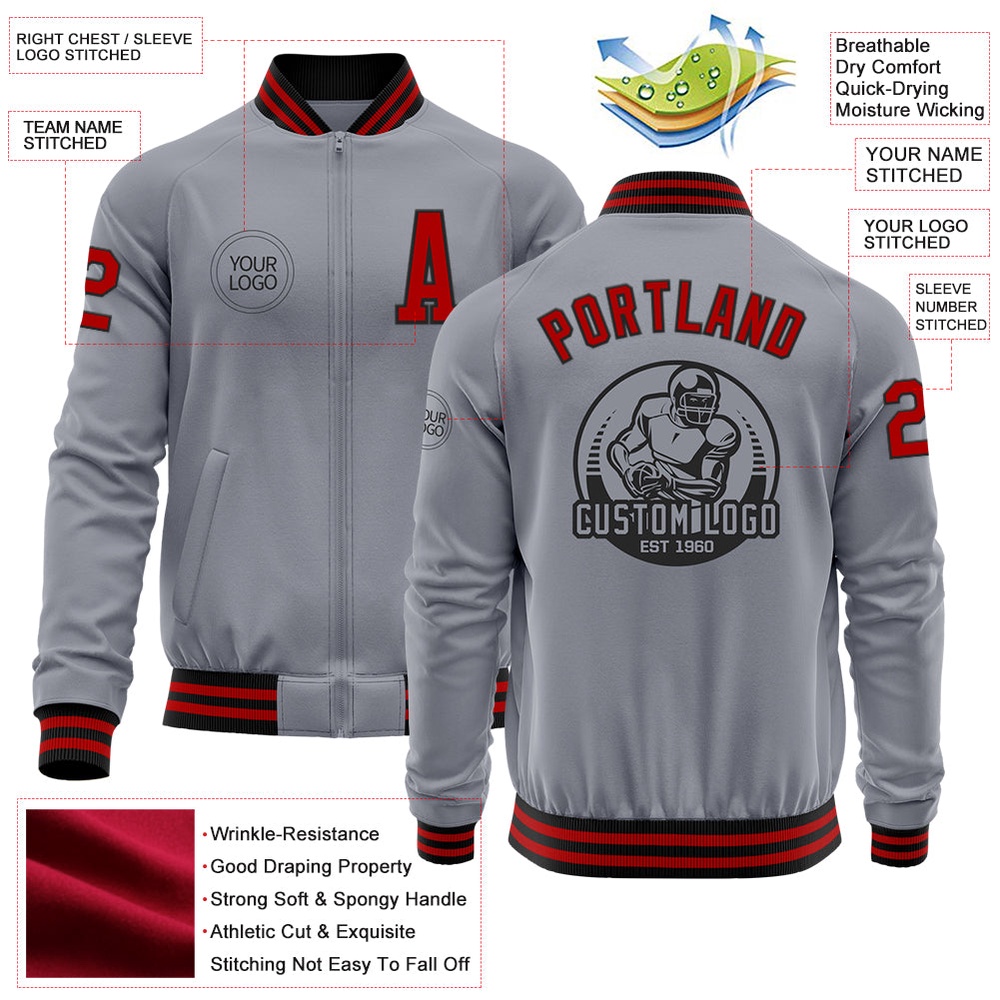 Custom Gray Red Black Bomber Varsity Letterman Zipper Jacket, Custom Team Jacket