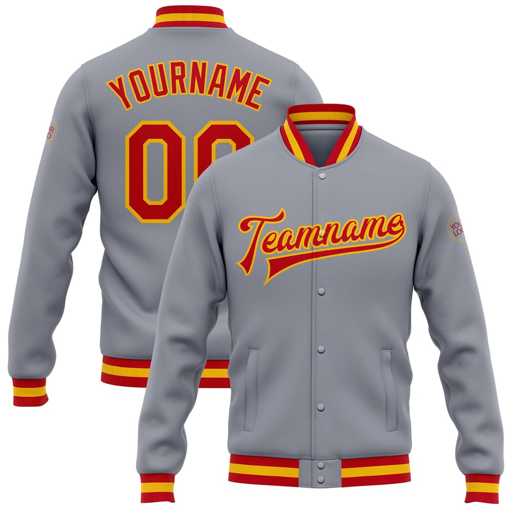 Custom Gray Red Gold Bomber Full Snap Baseball Jacket, Custom Team Jacket