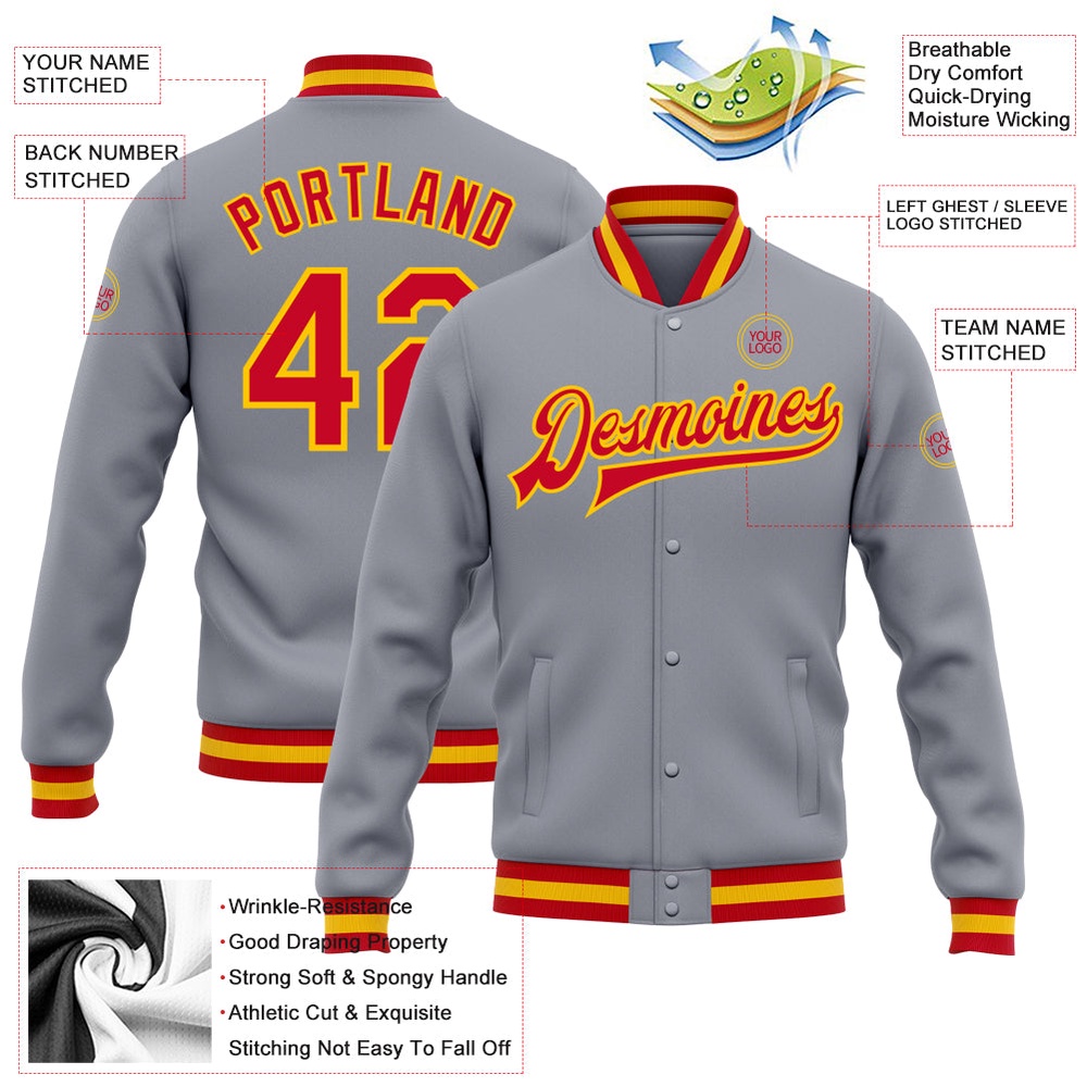 Custom Gray Red Gold Bomber Full Snap Baseball Jacket, Custom Team Jacket