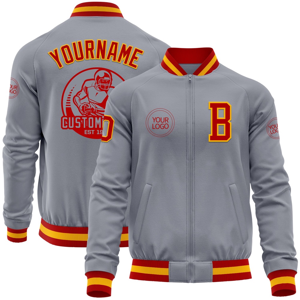 Custom Gray Red Gold Bomber Varsity Baseball Jacket, Custom Team Jacket