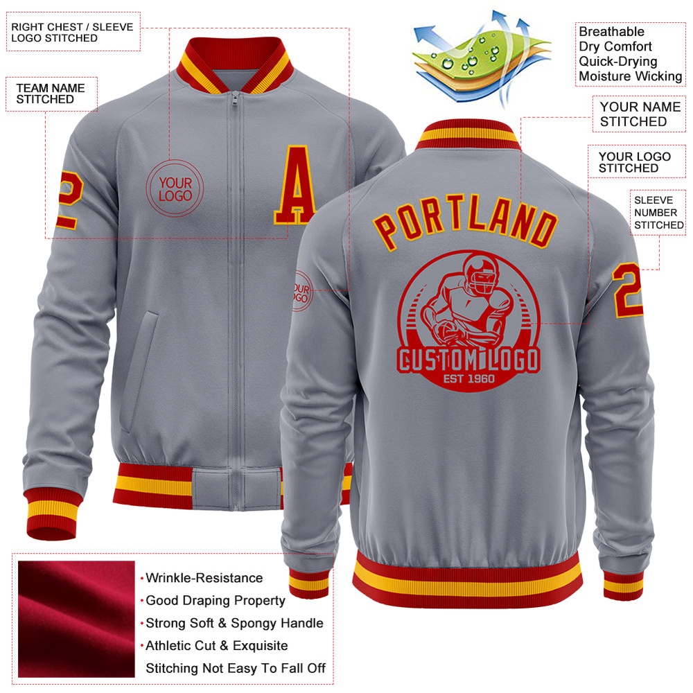 Custom Gray Red Gold Bomber Varsity Baseball Jacket, Custom Team Jacket