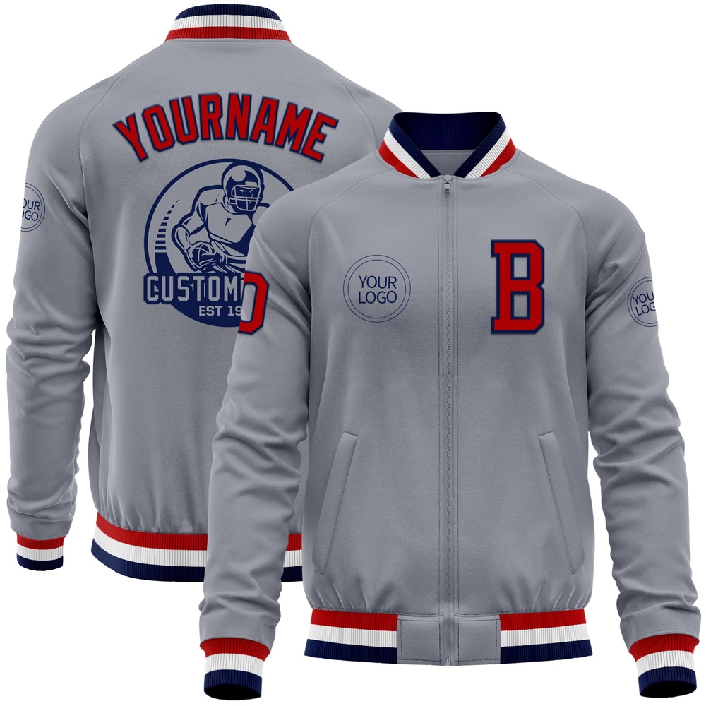 Custom Gray Red Navy Bomber Varsity Baseball Jacket, Custom Team Jacket