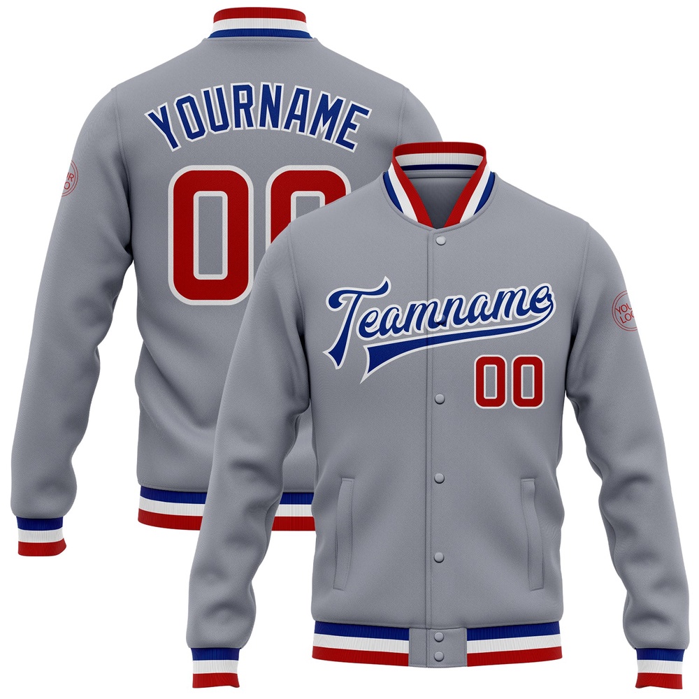 Custom Gray Red Royal Bomber Full Snap Baseball Jacket, Custom Team Jacket