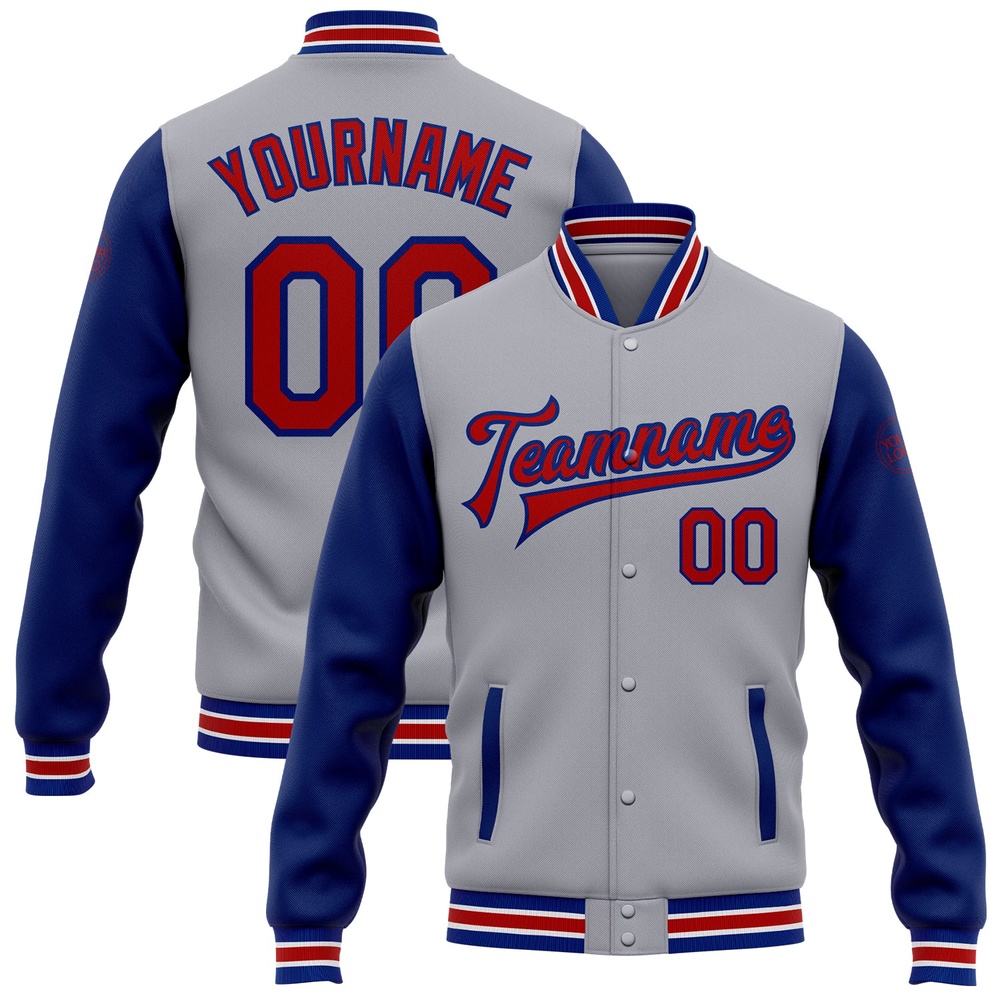 Custom Gray Red Royal Bomber Full Snap Varsity Baseball Jacket, Custom Team Jacket